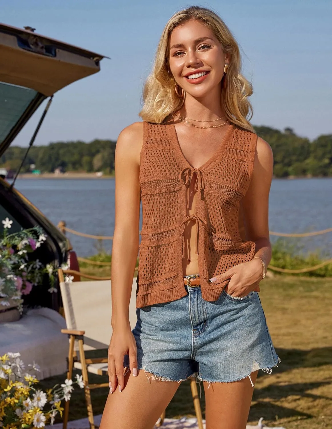 GRACE KARIN Womens Tie Front Sweater Vest Summer Sleeveless Crop Crochet Knit Tops Lightweight Cardigan Sweaters Tops