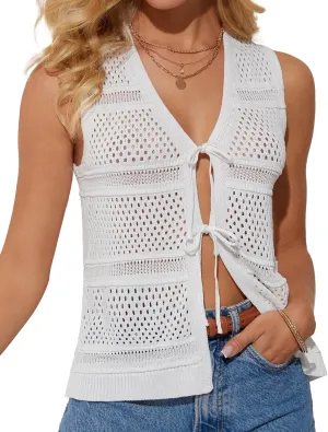 GRACE KARIN Womens Tie Front Sweater Vest Summer Sleeveless Crop Crochet Knit Tops Lightweight Cardigan Sweaters Tops