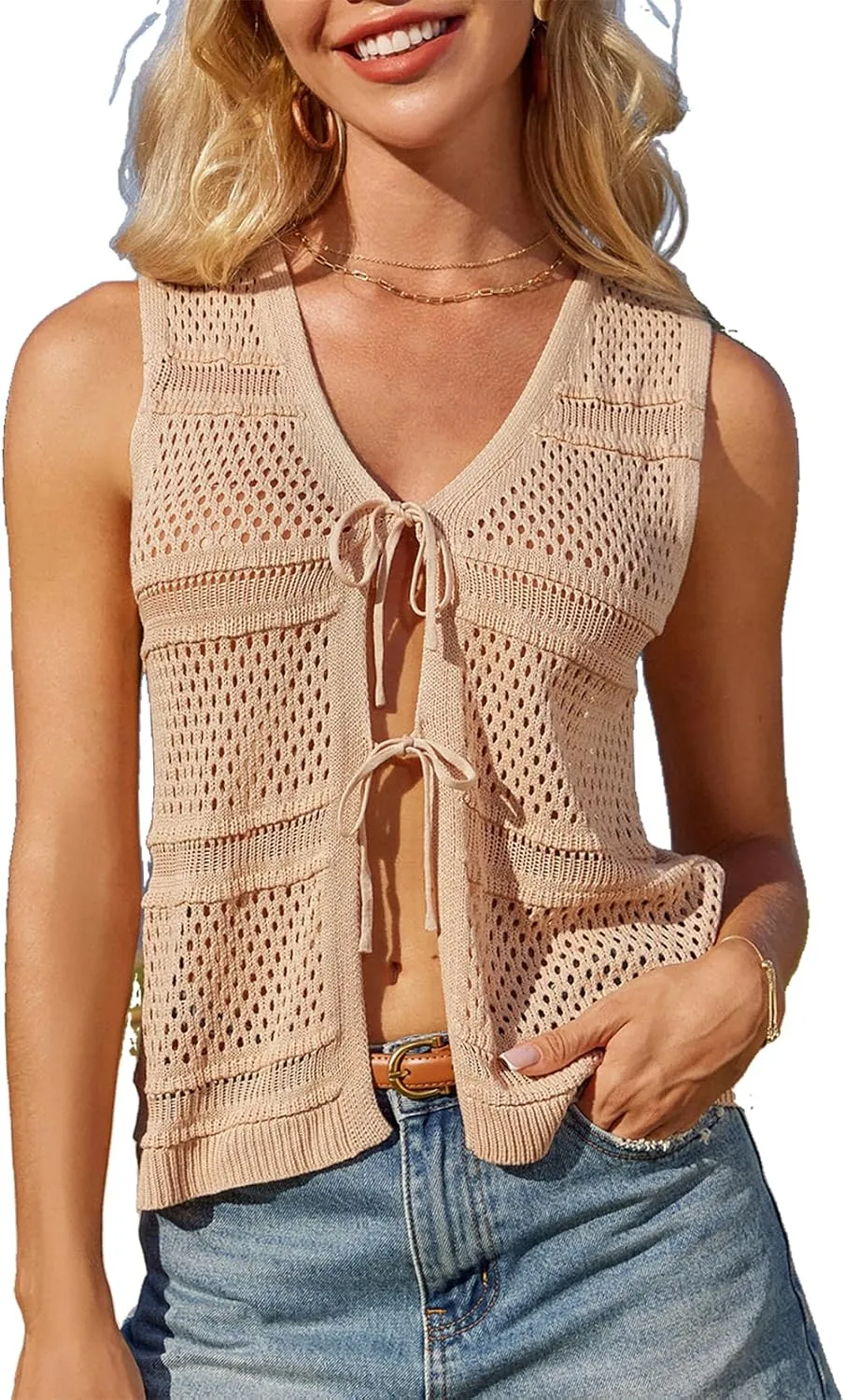 GRACE KARIN Womens Tie Front Sweater Vest Summer Sleeveless Crop Crochet Knit Tops Lightweight Cardigan Sweaters Tops