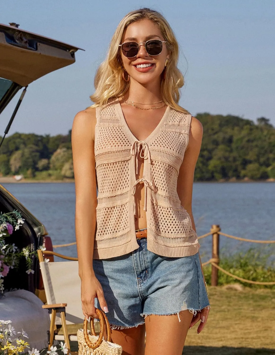 GRACE KARIN Womens Tie Front Sweater Vest Summer Sleeveless Crop Crochet Knit Tops Lightweight Cardigan Sweaters Tops