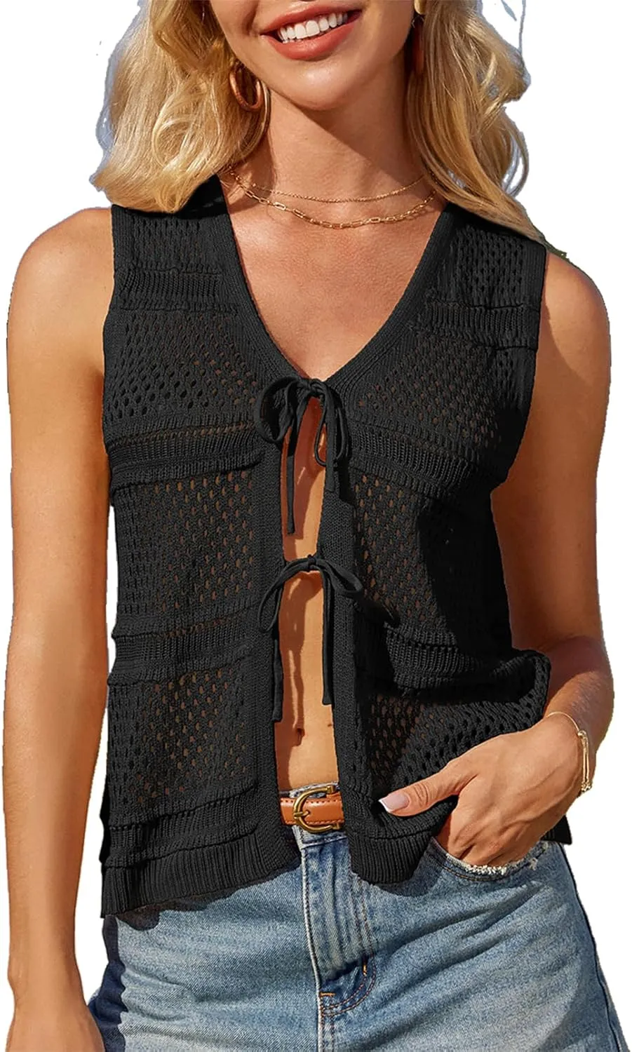 GRACE KARIN Womens Tie Front Sweater Vest Summer Sleeveless Crop Crochet Knit Tops Lightweight Cardigan Sweaters Tops