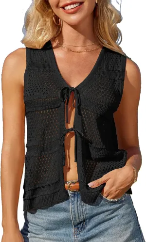 GRACE KARIN Womens Tie Front Sweater Vest Summer Sleeveless Crop Crochet Knit Tops Lightweight Cardigan Sweaters Tops