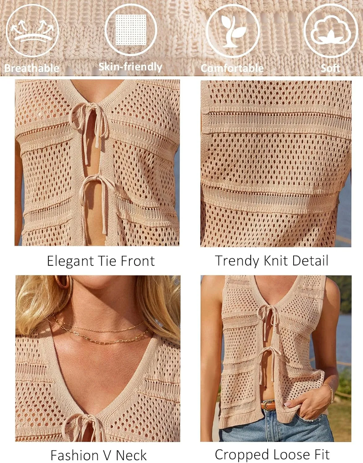 GRACE KARIN Womens Tie Front Sweater Vest Summer Sleeveless Crop Crochet Knit Tops Lightweight Cardigan Sweaters Tops