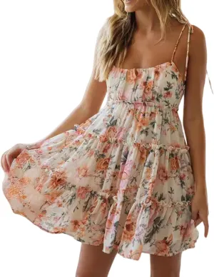 Graduation Dresses for Women 2025 Floral Mini Sleeveless Ruffle Spaghetti Strap Cute Short Dress