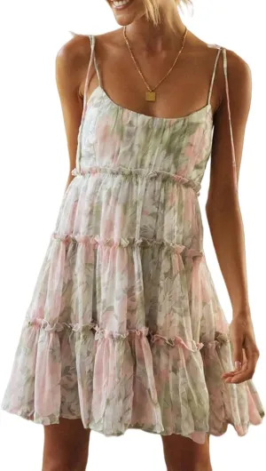 Graduation Dresses for Women 2025 Floral Mini Sleeveless Ruffle Spaghetti Strap Cute Short Dress
