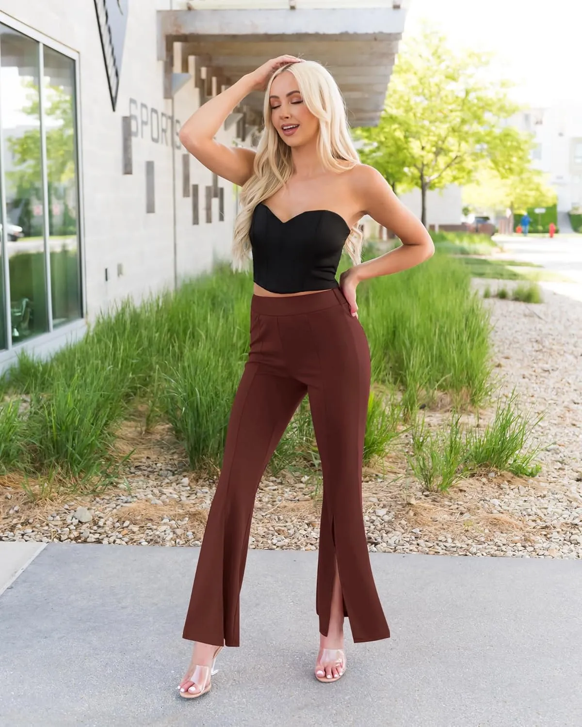 GRAPENT Dress Pants Wide Leg Pants for Women Flare Pants Pull On Business Casual Work Trousers Split Hem Slacks