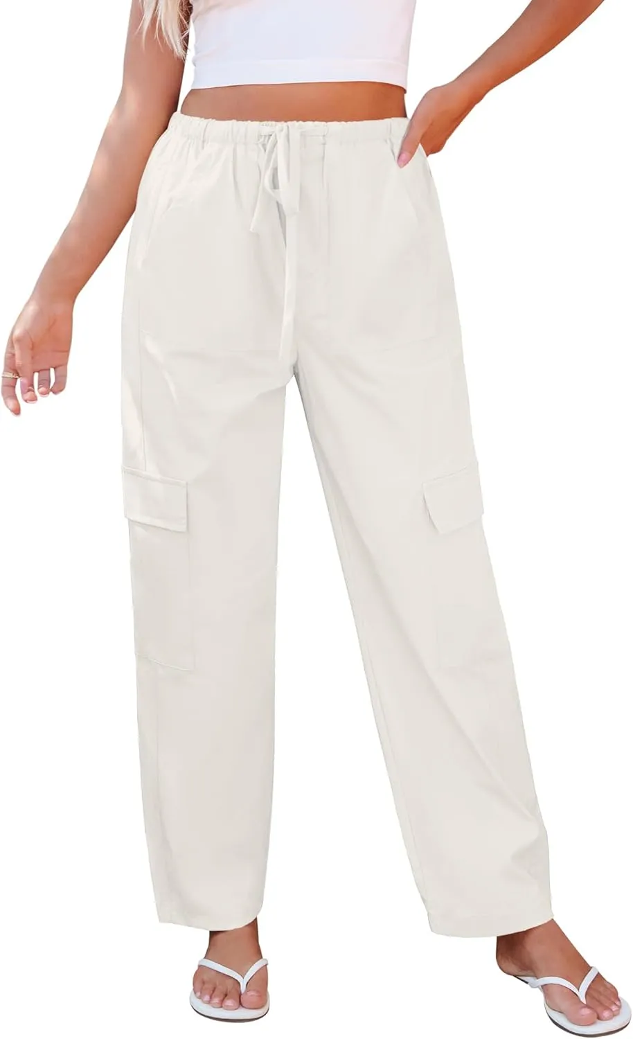 GRAPENT Wide Leg Pants Woman Cargo High Waisted Cotton Pull On Elastic Waist Drawstring Baggy Cinch Hem Joggers Pants