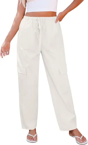 GRAPENT Wide Leg Pants Woman Cargo High Waisted Cotton Pull On Elastic Waist Drawstring Baggy Cinch Hem Joggers Pants