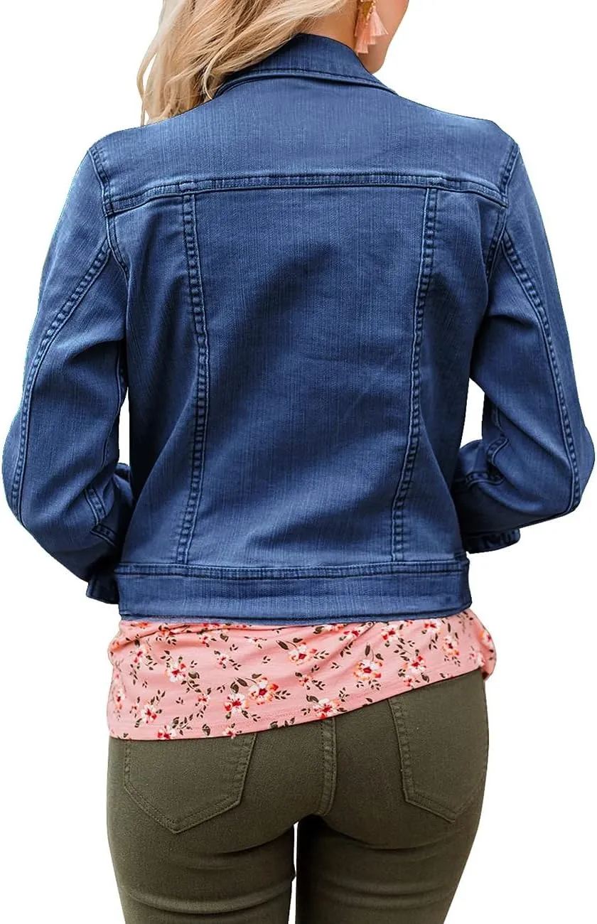 GRAPENT Women's Basic Button Down Long Sleeve Stretchy Jean Trucker Denim Jacket
