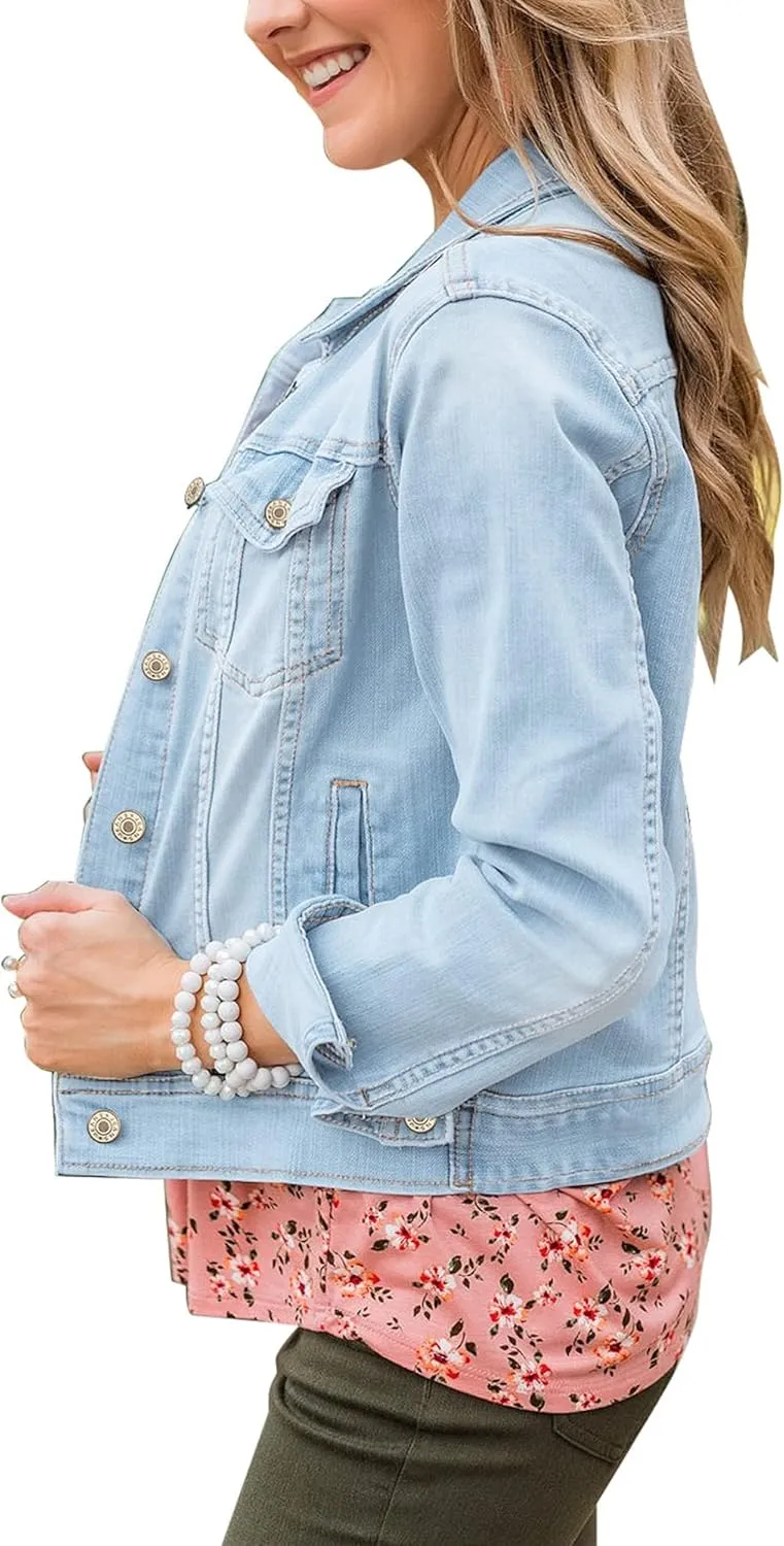 GRAPENT Women's Basic Button Down Long Sleeve Stretchy Jean Trucker Denim Jacket