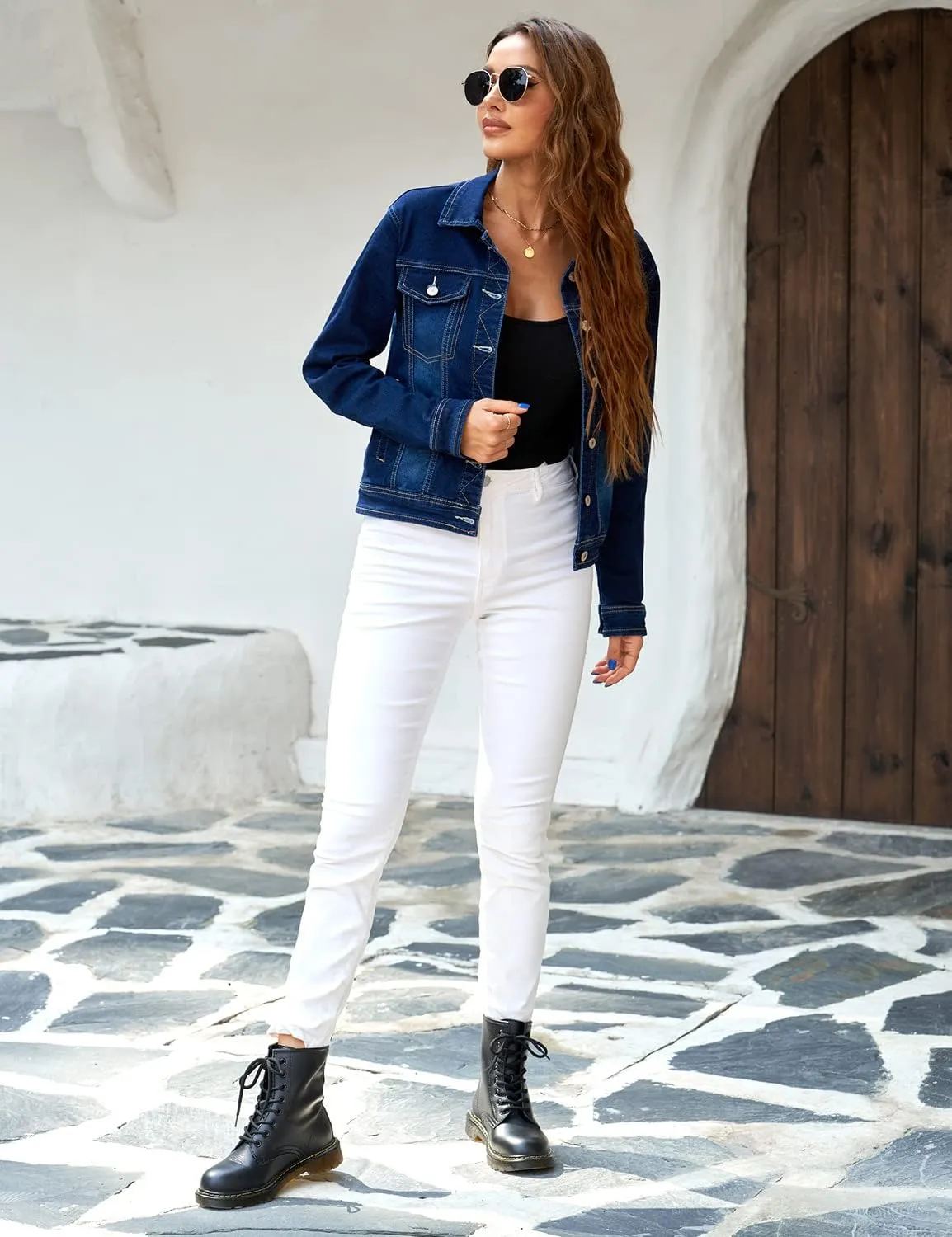 GRAPENT Women's Basic Button Down Long Sleeve Stretchy Jean Trucker Denim Jacket