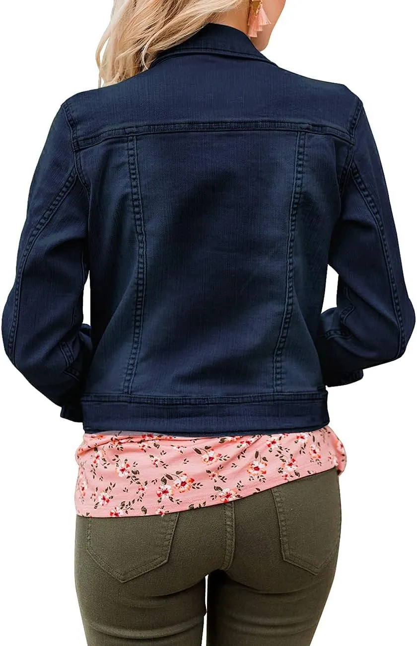 GRAPENT Women's Basic Button Down Long Sleeve Stretchy Jean Trucker Denim Jacket