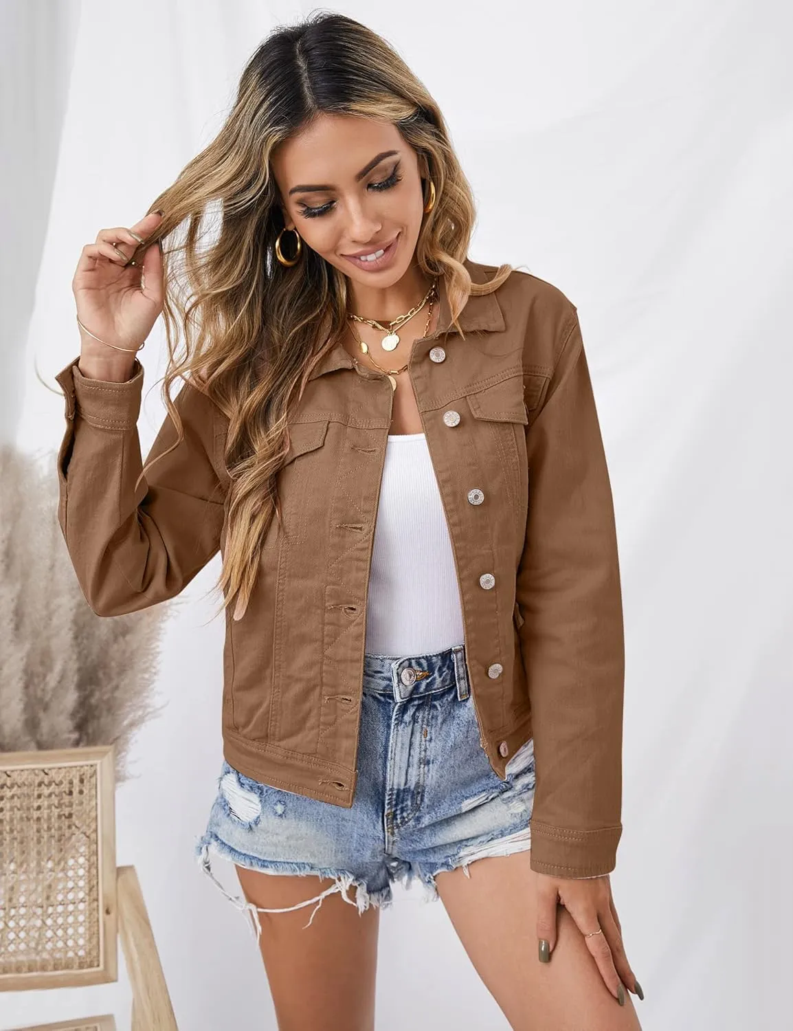 GRAPENT Women's Basic Button Down Long Sleeve Stretchy Jean Trucker Denim Jacket