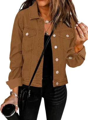 GRAPENT Women's Basic Button Down Long Sleeve Stretchy Jean Trucker Denim Jacket