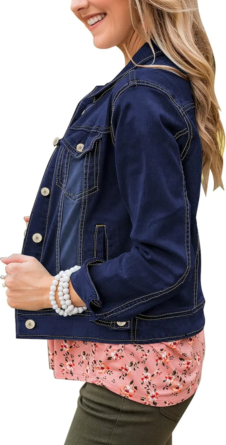 GRAPENT Women's Basic Button Down Long Sleeve Stretchy Jean Trucker Denim Jacket