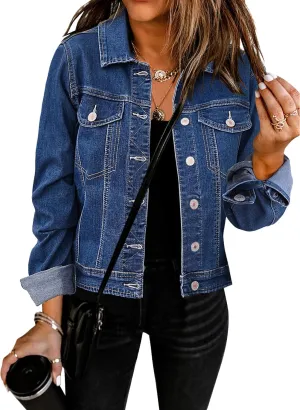 GRAPENT Women's Basic Button Down Long Sleeve Stretchy Jean Trucker Denim Jacket
