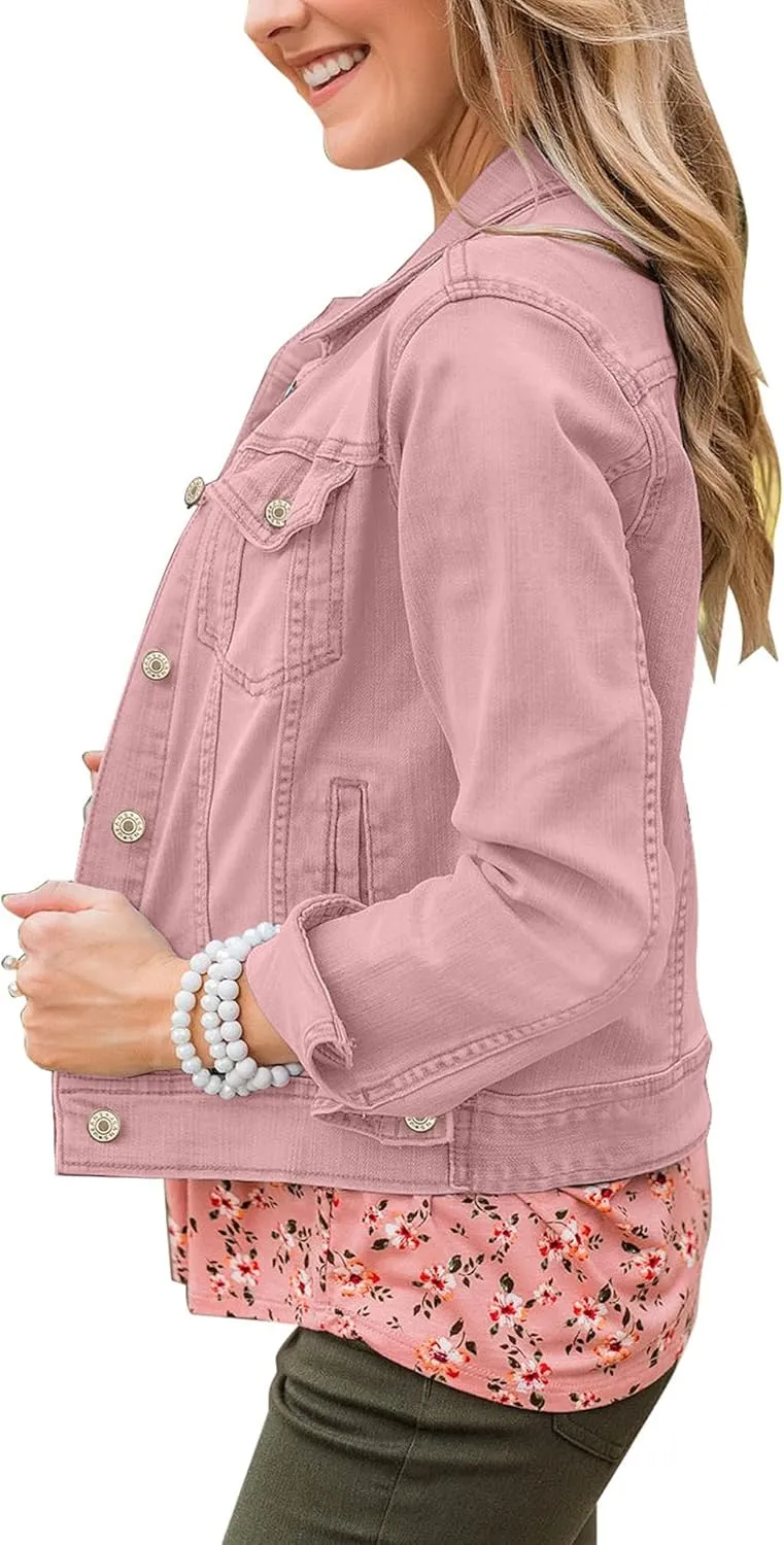 GRAPENT Women's Basic Button Down Long Sleeve Stretchy Jean Trucker Denim Jacket