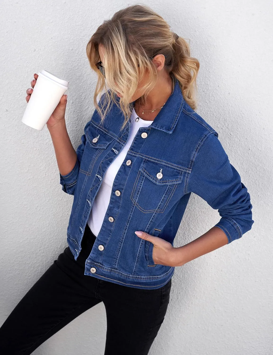 GRAPENT Women's Basic Button Down Long Sleeve Stretchy Jean Trucker Denim Jacket