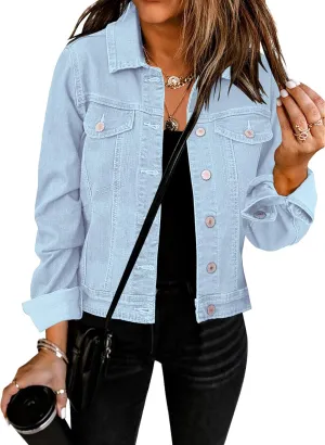 GRAPENT Women's Basic Button Down Long Sleeve Stretchy Jean Trucker Denim Jacket