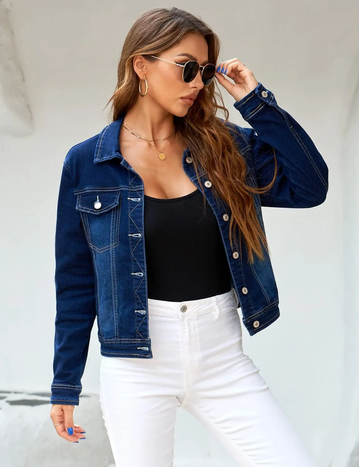 GRAPENT Women's Basic Button Down Long Sleeve Stretchy Jean Trucker Denim Jacket