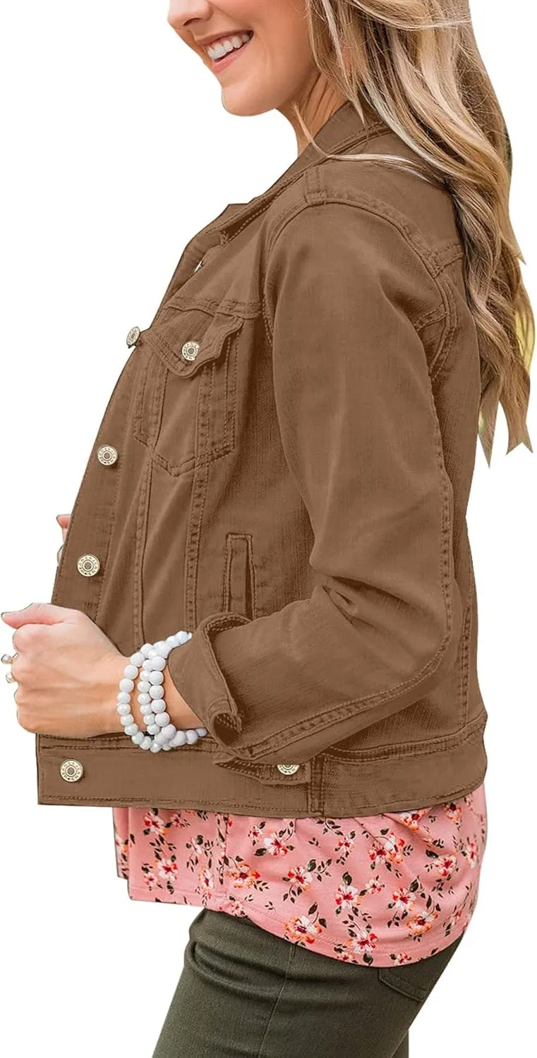 GRAPENT Women's Basic Button Down Long Sleeve Stretchy Jean Trucker Denim Jacket