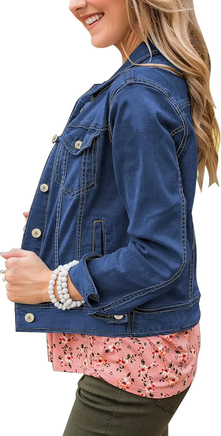 GRAPENT Women's Basic Button Down Long Sleeve Stretchy Jean Trucker Denim Jacket