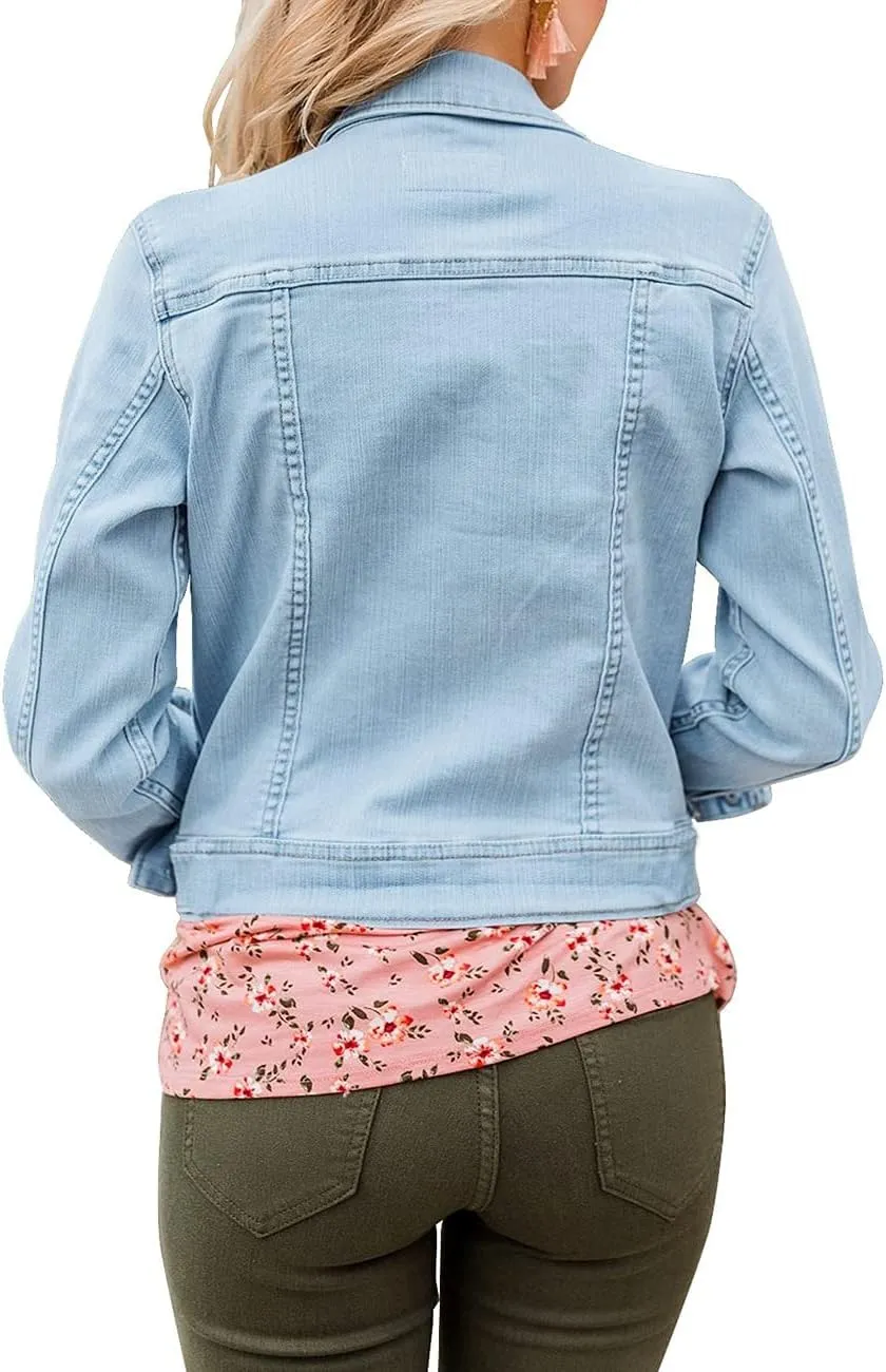 GRAPENT Women's Basic Button Down Long Sleeve Stretchy Jean Trucker Denim Jacket