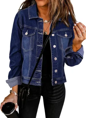GRAPENT Women's Basic Button Down Long Sleeve Stretchy Jean Trucker Denim Jacket