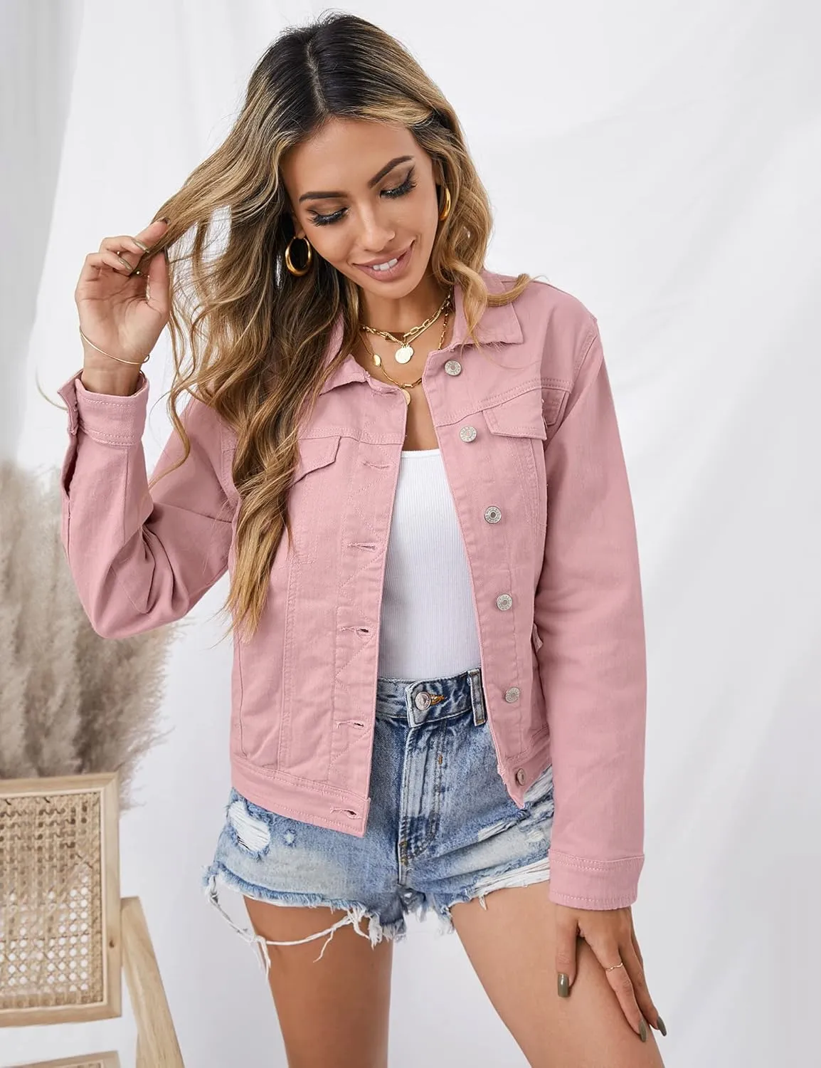 GRAPENT Women's Basic Button Down Long Sleeve Stretchy Jean Trucker Denim Jacket