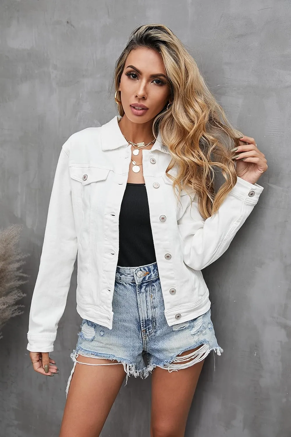 GRAPENT Women's Basic Button Down Long Sleeve Stretchy Jean Trucker Denim Jacket