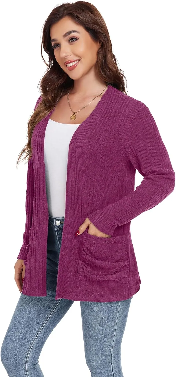 GRECERELLE Womens 2024 Long Sleeve Lightweight Open Front Casual Cardigan Sweaters Outerwear with Pockets