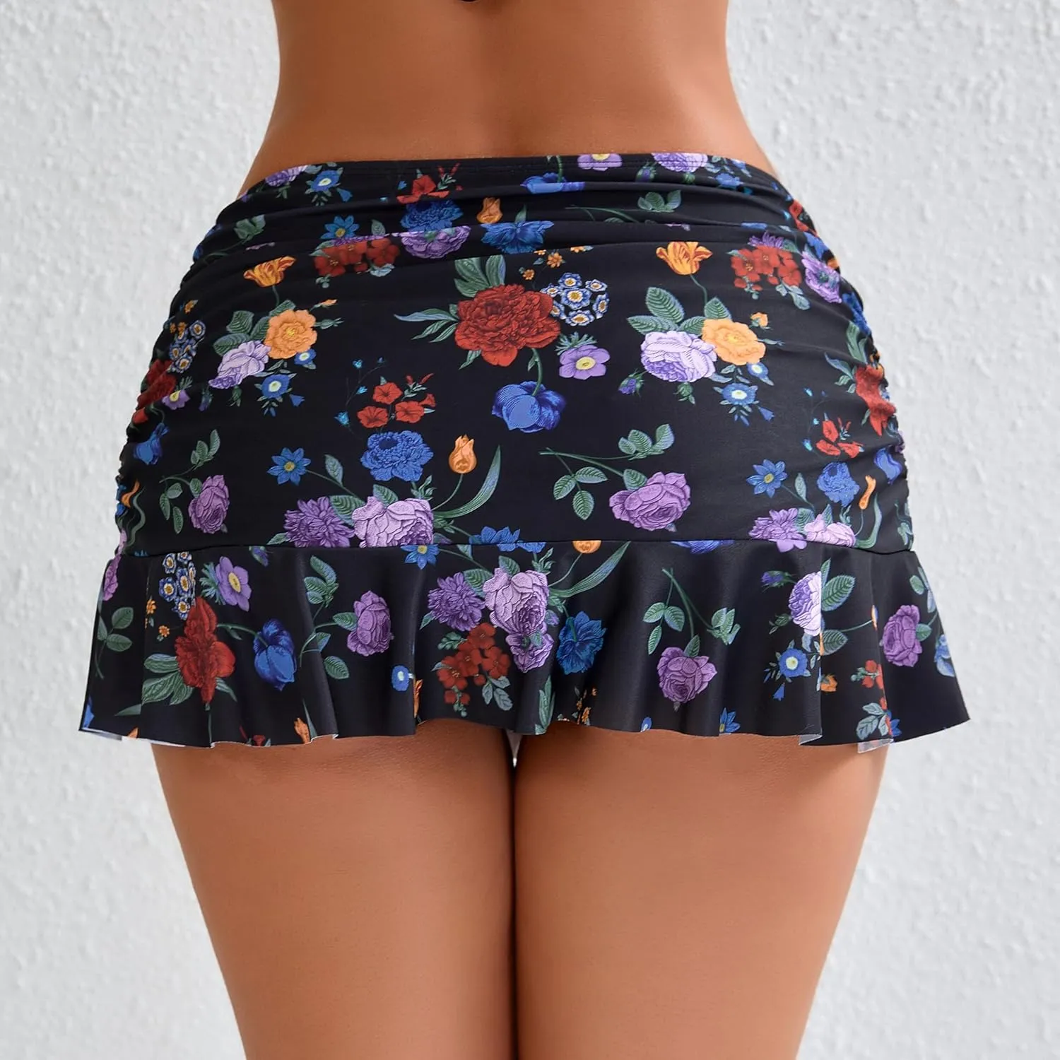 Halcurt Women's Low Waisted Ruched Ruffle Mini Swim Skirts with Hipster Bikini Bottoms Tummy Control Swimsuit