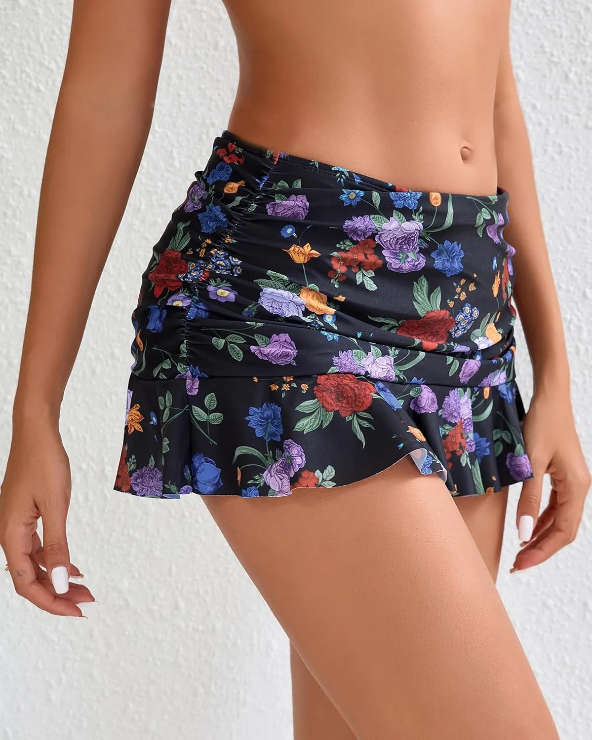 Halcurt Women's Low Waisted Ruched Ruffle Mini Swim Skirts with Hipster Bikini Bottoms Tummy Control Swimsuit