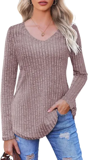Halife Women's Long Sleeve Shirts V Neck Lightweight Fall Sweaters Casual Tunic Tops