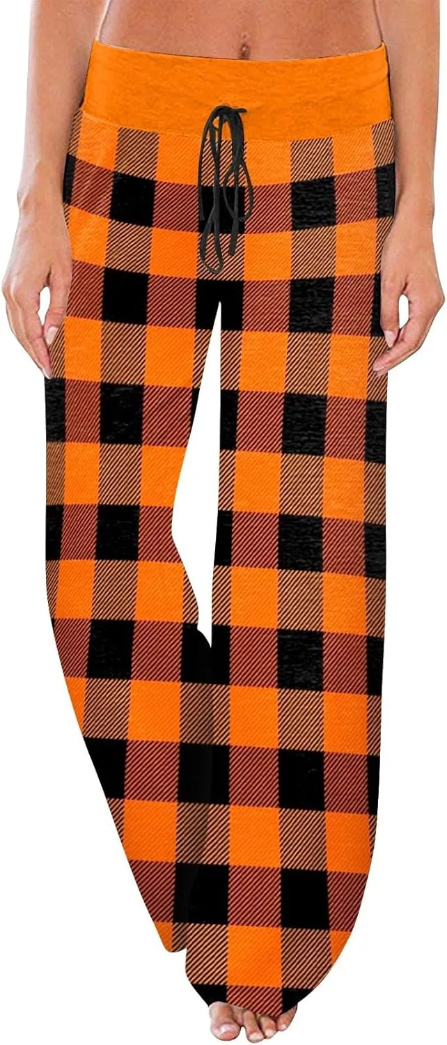 Halloween Women's Soft Comfy Wide Leg Lounge Pj Pants - Baggy Elastic High Waisted Sleepwear
