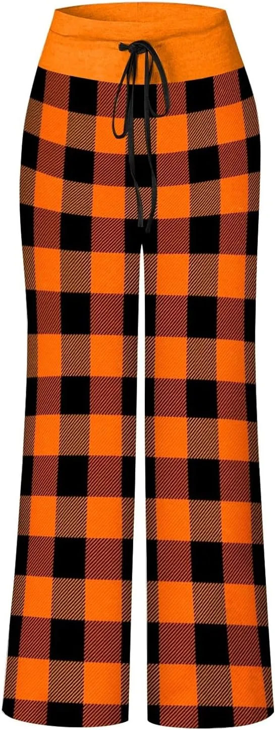 Halloween Women's Soft Comfy Wide Leg Lounge Pj Pants - Baggy Elastic High Waisted Sleepwear