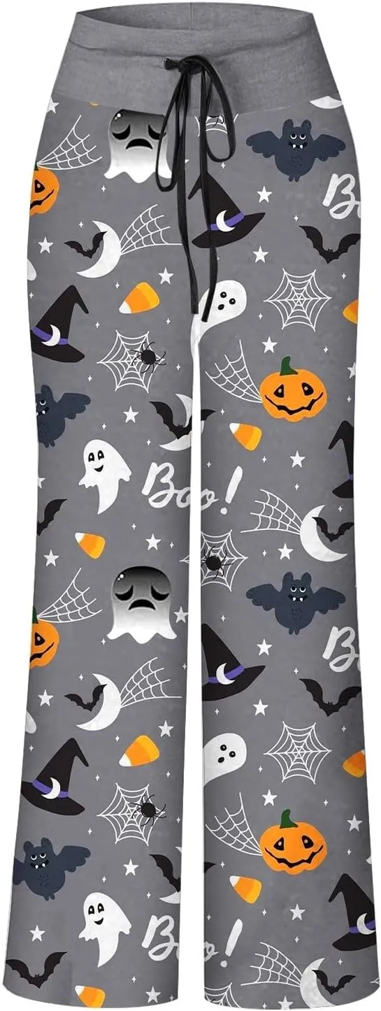 Halloween Women's Soft Comfy Wide Leg Lounge Pj Pants - Baggy Elastic High Waisted Sleepwear