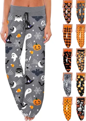 Halloween Women's Soft Comfy Wide Leg Lounge Pj Pants - Baggy Elastic High Waisted Sleepwear