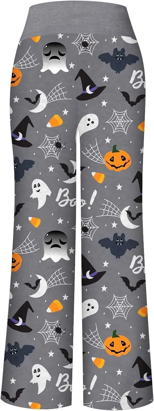Halloween Women's Soft Comfy Wide Leg Lounge Pj Pants - Baggy Elastic High Waisted Sleepwear