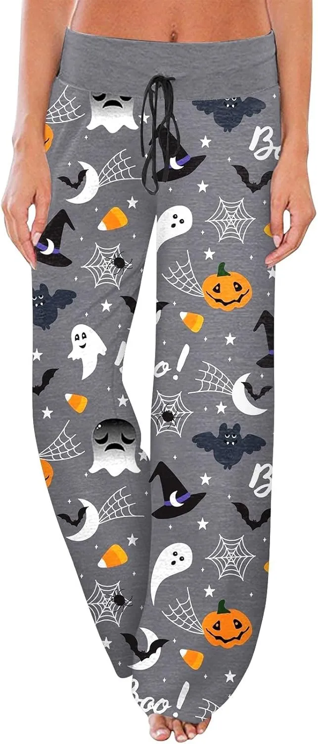 Halloween Women's Soft Comfy Wide Leg Lounge Pj Pants - Baggy Elastic High Waisted Sleepwear