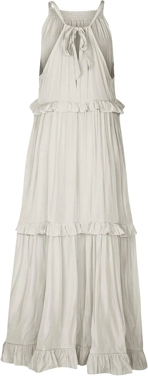 Halter Maxi Dresses for Women 2025 Summer Smocked Tiered Ruffle Dress Flowy Beach Wedding Guest Dress with Pockets