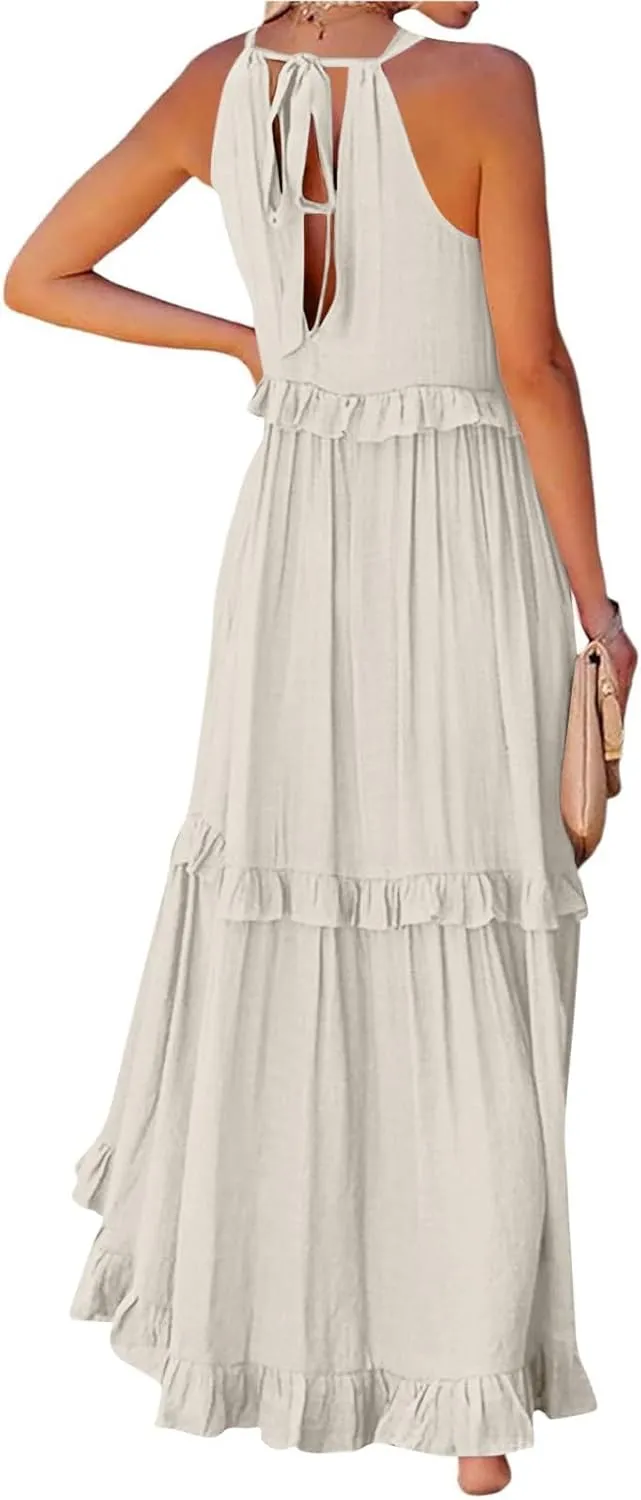 Halter Maxi Dresses for Women 2025 Summer Smocked Tiered Ruffle Dress Flowy Beach Wedding Guest Dress with Pockets