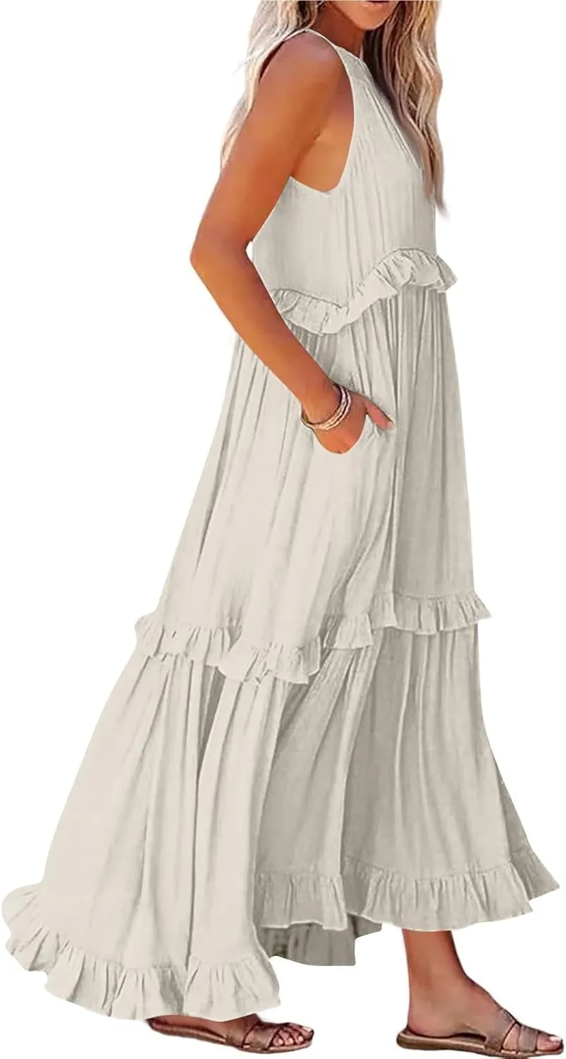 Halter Maxi Dresses for Women 2025 Summer Smocked Tiered Ruffle Dress Flowy Beach Wedding Guest Dress with Pockets