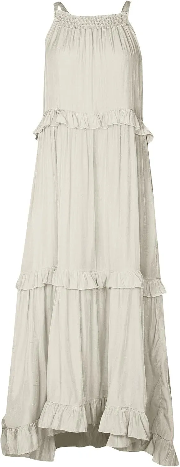 Halter Maxi Dresses for Women 2025 Summer Smocked Tiered Ruffle Dress Flowy Beach Wedding Guest Dress with Pockets