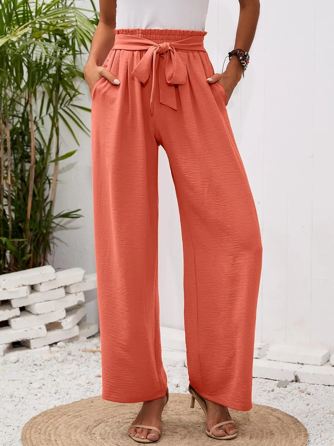 Heymoments Women's Wide Leg Lounge Pants with Pockets Lightweight High Waisted Adjustable Tie Knot Loose Trousers