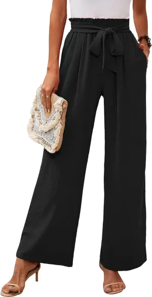 Heymoments Women's Wide Leg Lounge Pants with Pockets Lightweight High Waisted Adjustable Tie Knot Loose Trousers