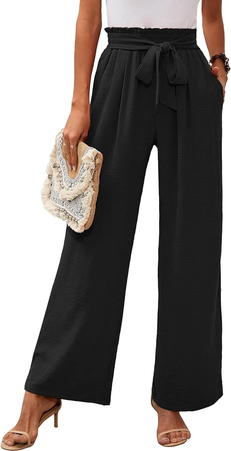 Heymoments Women's Wide Leg Lounge Pants with Pockets Lightweight High Waisted Adjustable Tie Knot Loose Trousers