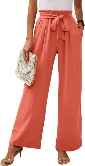 Heymoments Women's Wide Leg Lounge Pants with Pockets Lightweight High Waisted Adjustable Tie Knot Loose Trousers
