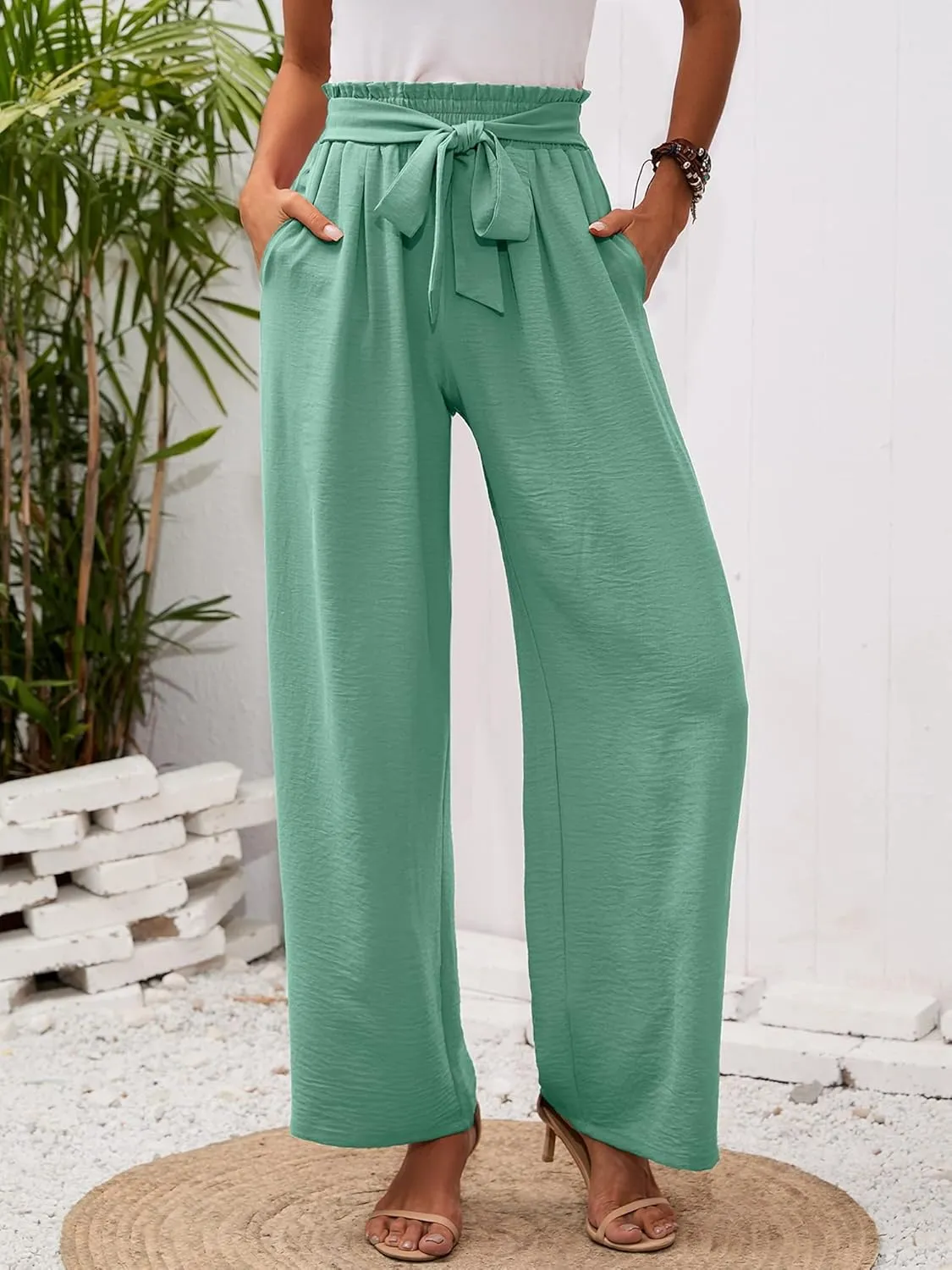 Heymoments Women's Wide Leg Lounge Pants with Pockets Lightweight High Waisted Adjustable Tie Knot Loose Trousers