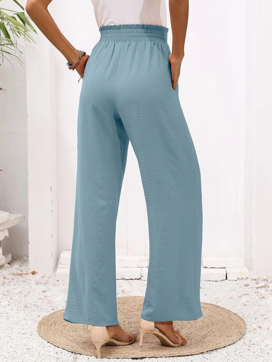 Heymoments Women's Wide Leg Lounge Pants with Pockets Lightweight High Waisted Adjustable Tie Knot Loose Trousers